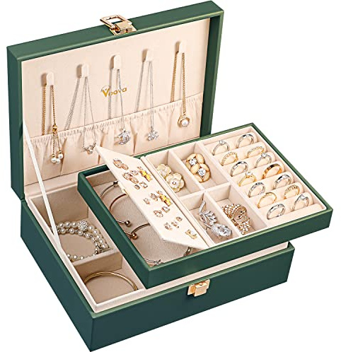 Voova 2-Layer Jewelry Box Organizer, Jewellery Storage Case Blackish Green | PU Leather Jewlerrying Display Holder for Women Girls with Removable Tray Ring Earring Bracelet Necklace Holder