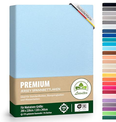 Premium Spannbettlaken, extra schwer und dick, 97% Mako-Jersey-Baumwolle und 3% Elasthan, auch Boxspringbett geeignet, 200 x 220-220 x 240 cm, Hellblau/Himmelblau
