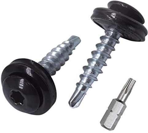 SKIR'CO (200 st) Metalltakskruvar, 4,8 x 28 mm målade självborrande skruvar med EPDM-brickor, torxhuvud (kolsvart RAL 9005)
