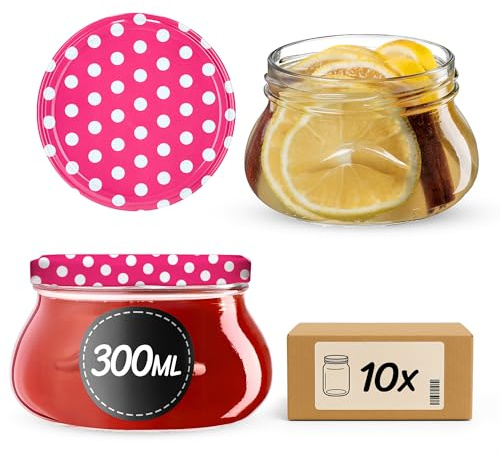 KADAX Små konserveringsburkar 300 ml, miniatyrburkar för honung och kryddor, syltburkar med lock, lufttäta glas att ge bort (rosa prickade 10 stycken)