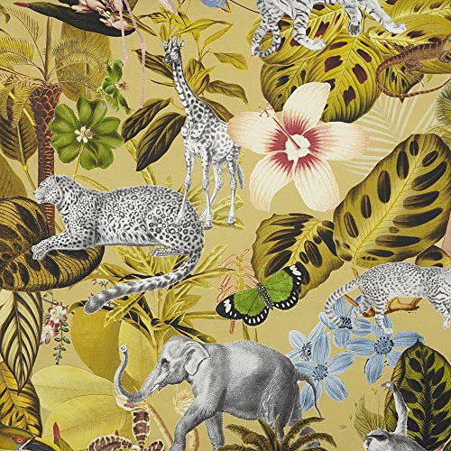 Kt KILOtela - Tela Loneta Estampada Digital, Half Panamá Algodón Orgánico, Decoración, Tapizar, Cojines, Manteles, 100 cm Largo x 140 cm Ancho, Wild Fauna, Verde Amarillento - 1 metro