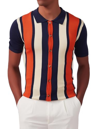Kallspin Polo Tricot Vintage Homme à Manches Courtes à Rayures Boutonné pour Le Golf(Bleu Marine X-Large)