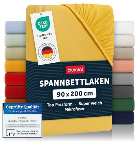 Blumtal Mikrofaser Spannbettlaken-Bettlaken 90x200, Oeko-Tex Zertifiziert, bis 25cm Matratzenhöhe, Spannbetttuch 90x200 cm, Leintuch 90x200 cm, Spannleintuch Spicy Mustard-gelb,90x200x30cm, FR EB0047