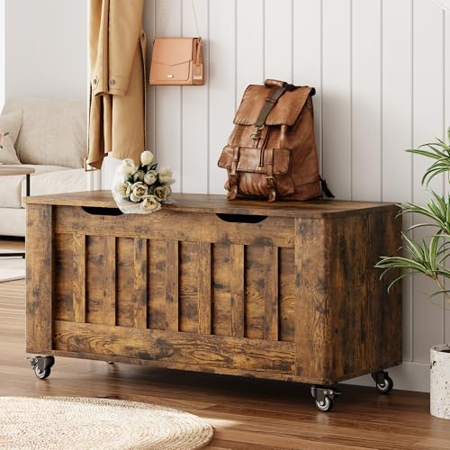 IDEALHOUSE Storage Chest, Wooden Storage Bench with 4 Wheels, 39.4 Storage Trunk with 2 Safety Hinges, Supports 350 Lbs, Round Corner, U-Shape Cutout, for Entryway, Living Room, Rustic Brown