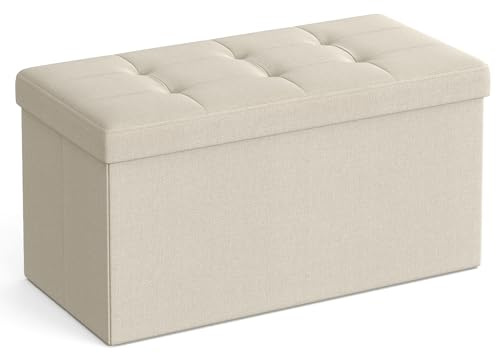 SONGMICS MAZIE Collection - Storage Ottoman Bench, 76 cm Folding Foot Rest Stool, End of Bed Bench, Easy Assembly, for Living Room, Bedroom, Entryway, Cream White LSF047W51
