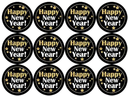 Happy New Year Aufkleber Siegel Gold Labels - (120 Stück) 4 cm große runde Goldfolie Aufkleber Stempel auf Schwarz für Neujahrskarten, Geschenkumschläge Schachteln