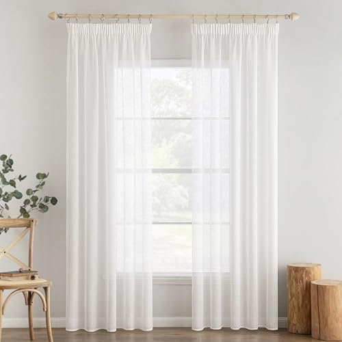 MIULEE 2er Set Voile Vorhang Sheer Vorhang mit kräuselband Transparente Leinenoptik Gardinen Wohnzimmer Modern Fensterschal Schlafzimmer 140x225cm (B x H) Weiß