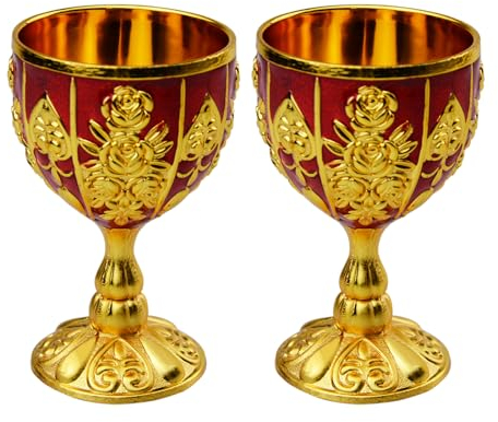 Flylin 2 copas vintage doradas antiguas, copas de vino vintage medievales en metal, copas de vino medievales para cocina, hogar, bar, fiesta, decoración de bodas (rojo dorado)