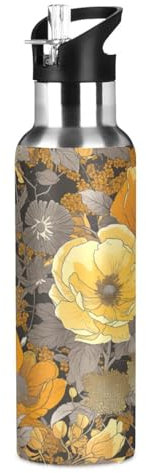 Gelbgoldene Blütenblüte Trinkflasche Wasserflasche mit Strohhalm für Sport, 600ML Thermosflasche BPA-frei Isolierflasche Edelstahl 18/8 für Kinder Wandern Schule