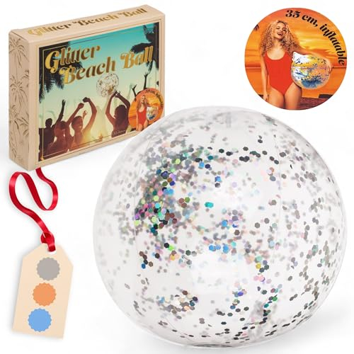 MIJOMA aufblasbarer Glitter-Strandball, Ø35 cm, transparenter Glitter-Wasserball für Sommeraktivitäten und Poolpartys (Silber)