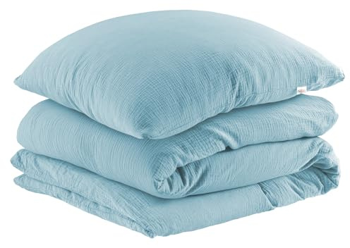 Pure Label Musselin Bettwäsche 135x200 cm mit einem Kissenbezug 80x80 cm aus 100% Baumwolle - Traumhaft weiche, kuschelige Bettwäsche-Sets in blau aus Musselin