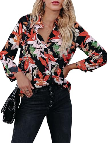 siliteelon Blouses for Women Long Sleeve Button Down Shirts Printed Wrinkle-Free Dressy Casual Blouse Spring Fall Trendy