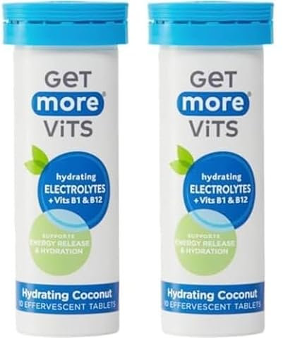 Get More Vits - Hydrating Coconut Effervescent Tablets (Pack of 20), Electrolytes, Vitamins B1 & B12, Supports Energy Release, Sodium, Potassium & Magnesium, Sugar-Free, Low-Calorie, Natural Flavours