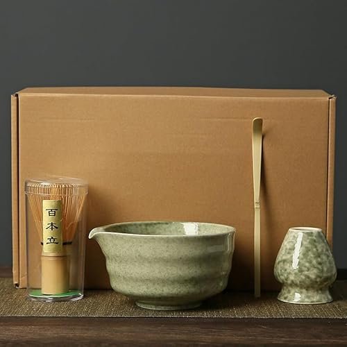 We Make Hope Matcha Whisk Set, 4 Stück Matcha-Schale mit Ausgießer und Schneebesen, Matcha-Schaufel, Matcha-Schneebesen-Ständer (Chasen-Halter) - 4er-Set für die Matcha-Teezeremonie, klassisches Grün