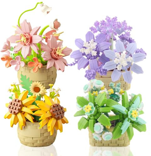 Xmart 4 stück Klemmbausteine Blumen Bausteine Blumen Sukkulenten Bonsai Baustein Set Blumenkorb Spielzeug Botanik Kollektion Room Decor Heimdekoration Geschenk für Frauen und Männer