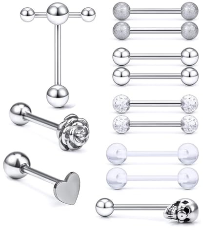 DOKRIN Piercings barbells,Lot de 12 piercings de langue en acier inoxydable argenté (épaisseur : 1,6 mm, longueur : 16 mm), boule 5/6 mm