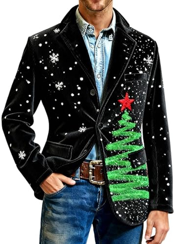 Blazer de Noël en velours côtelé pour homme - Style décontracté - Imprimé sapin de Noël - Père Noël - Vestes de costume à revers cranté