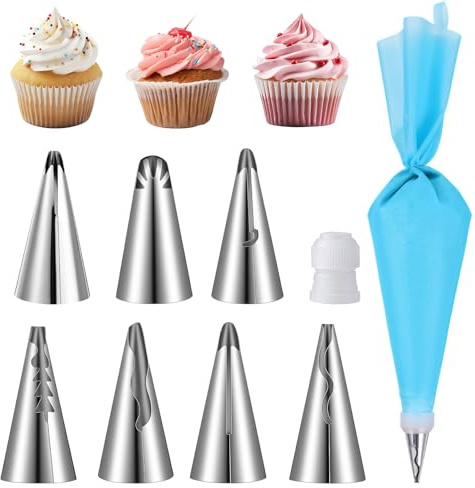 PEOVLVN Set di 9 beccucci per tubazioni, in acciaio inox, con volant grandi, con sac à poche riutilizzabili, strumenti per decorare torte, glassa, cupcake, biscotti, decorazioni per torte