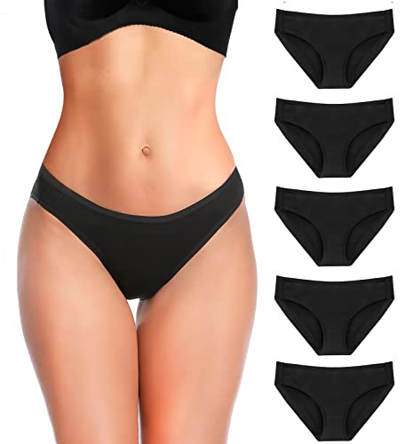 YADIFEN Womens Underwear Women's Cotton Knickers Multipack Low Rise Waisted Stretchy Breathable Panties Full Bikini Briefs Ladies Black Knickers for Women Multipacks Hipster Pants 5PACK M