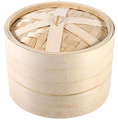KUIKUI Cuiseur à vapeur, 4 tailles 2 niveaux panier à vapeur en bambou Dim Sum Steamer cuiseur de riz naturel chinois avec couvercle(22cm)