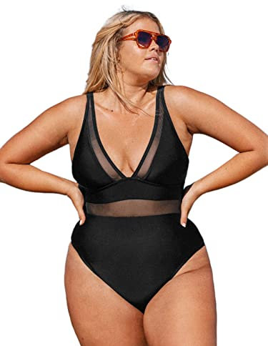 CUPSHE Damen Große Größen Badeanzug Tiefer V Ausschnitt Sheer Mesh Einteilige Plus Size Bademode Swimsuit Schwarz XXL