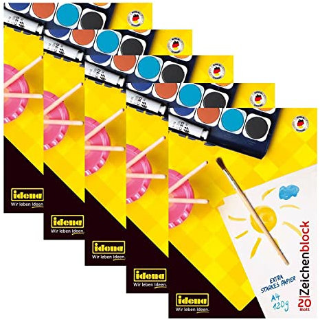 Idena 10387 - Zeichenblock, DIN A4, 20 Blatt, 120 g/m², 5 Stück