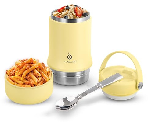 Ideus Soup Thermo with Foldable Spoon and Bowl 20oz, All-in-one Insulated Bento Lunchbox Stainless Steel Leakproof Portable Soup Container Vacuum Thermal Food Jar for Lunch (Light Yellow)