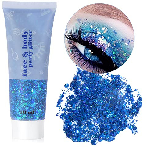 URAQT Paillettes Visage, Glitter Body Gel, Paillette Maquillage, Paillettes Corps, Paillette Gel Liquide, Mermaid Sequins Body Glitter,pour Festival Fête Noël Pâques Maquillage Décoration (Bleu)