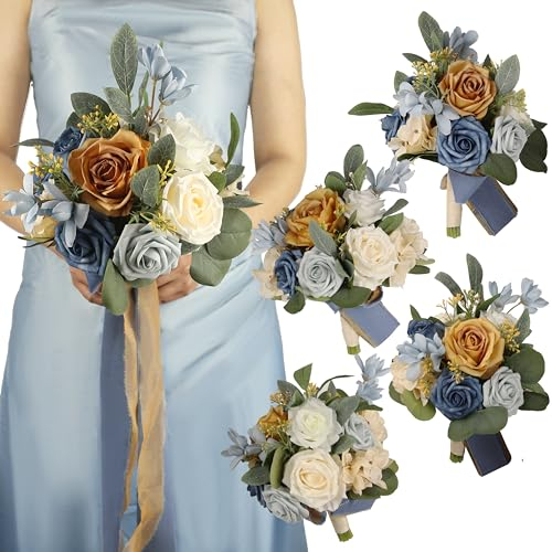 BENCENTRE Brautjungfernstrauß für Hochzeit, 17,8 cm, staubiges Blau und Senf, 4 Stück, kleiner Hochzeitsstrauß, für Heiratsantragsparty und Vintage-Hochzeitszeremonie, Jahrestag, Garten, künstliche