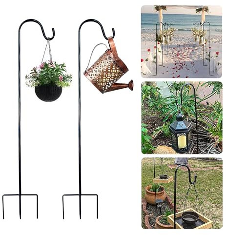 leyomgamz Schäferhaken Laterne Stab Vogelhaus Ständer, 81,5cm Zusammenklappbar Gartenstecker 2 Prong Base Laternenstab Stabil, für Solarleuchten, Pflanzenkörbe, Vogelhäuschen, 2 Stück