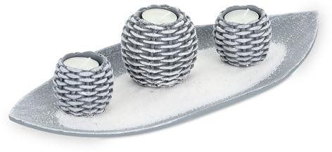 Relaxdays Kerzen Deko, Set mit Dekotablett, 3 Teelichthaltern & Sand, Tischdeko Wohnzimmer, Deko Teelichter, grau/weiß