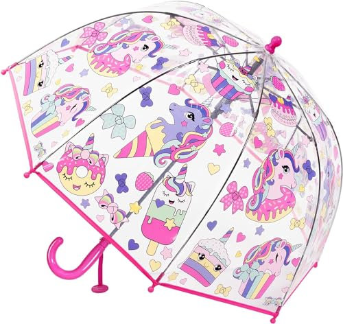 Rhomba Klar Transparente Blase Regenschirm für Kinder - Leichter Süßer 8-Faser-Rippen Kuppel Durchsichtiger Perfekt zum Laufen Kinder-Regenschirm (Rosa Einhorn)