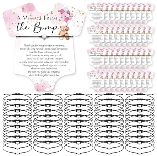 Chuangdi 50 Sets Baby Shower Bracelets Party Favors for Guests a Message from the Bump Adjustable Cute Heart Bracelets Thank You Card for Gender Reveal Thank You Gifts(Pink)