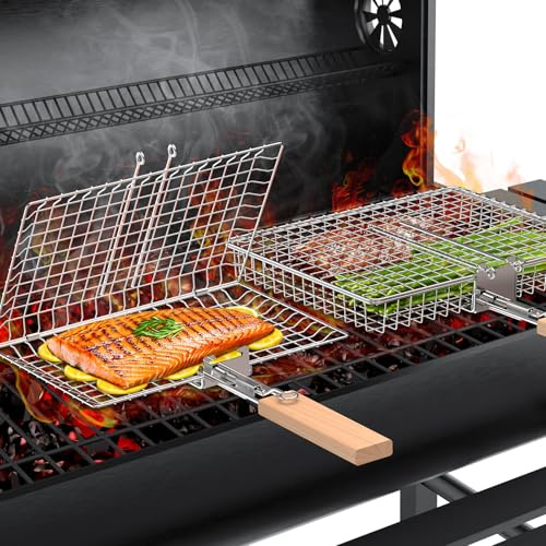 ivtivfu Set di cestello per grigliare il pesce, Manico in Legno Rimovibile, Acciaio Inossidabile 304, Accessori Barbecue per Verdure e Gamberi, Barbecue Carbonella da Campeggio, Regalo Uomo, Papà