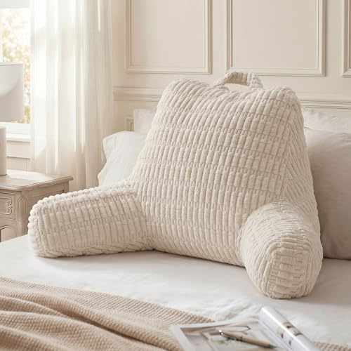Blissful Diary Reading Pillow, Backrest Pillow with Shredded Memory Foam for Adult & Children, Designed for Bed and Couch Sitting Up, Includes Arms, Pockets and Washable Cover, Off White