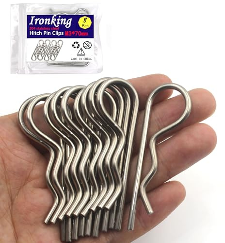 Ironking 8Pcs Heavy Duty Hitch Pins Clip R Clips Cotter Pins, Stainless Steel Spring Retaining Wire Hair Pins， Large for Trailer Tractors Mower Carts Truck Pin Clip，Strong Spring Tension M3x70mm