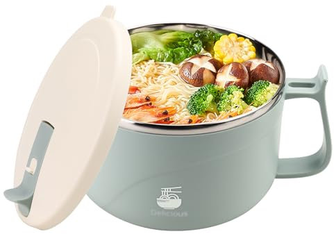 Tazón de fideos para microondas de 44 onzas, 1300 ml, con tapa y asa, forro de acero inoxidable, cuencos de sopa para microondas, tazas de sopa instantáneas de viaje para hogar, oficina, dormitorio,