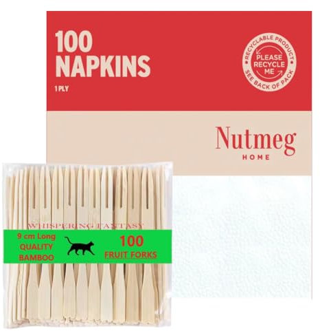 WHISPERING FANTASY 100pcs Premium Quality Wooden Fruit Forks + Napkins Bundle.