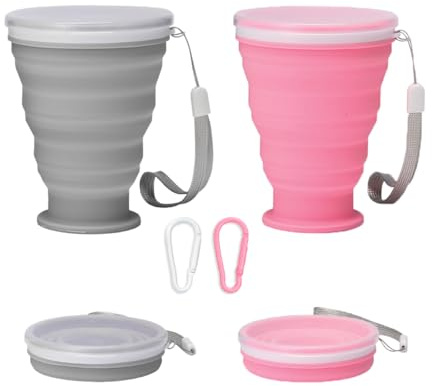 MSLSOZ 2Pcs Silicone Foldable Cups, 300ml Collapsible Camping Cups, BPA Free Portable Folding Mugs with Sealing Lid & 2 Buckles, Reusable Mugs Set for Picnic, Camping, Marathon (Pink & Grey)