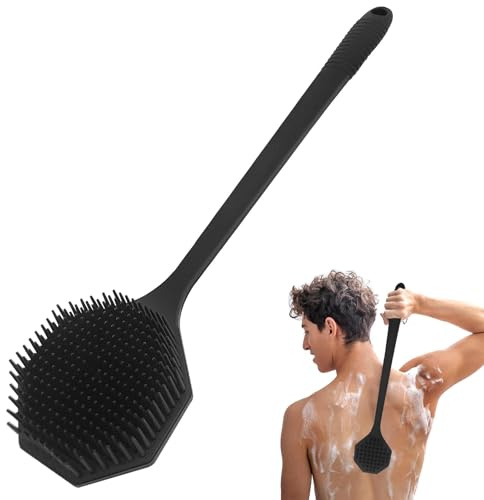 Astrumdex Limpiador Corporal de Silicona para Ducha con Mango Largo 42.4cm - Cepillo de Ducha de Doble Cara para Exfoliación y Masaje, Limpiador Corporal de Silicona para Uso en la Ducha