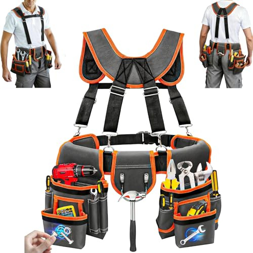 Tool Belt, Professional Tool Belts for Men, 32''-60'' Adjustable Magnetic Tool Pouch With Suspenders & Multiple Pockets, Detachable Tool Pouch Bag for Electrician,Carpenter,Construction,Work Apron