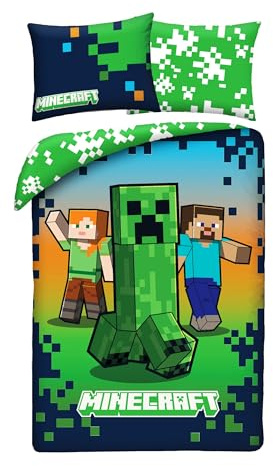 MINECRAFT Set de ropa de cama CREEPER STEVE ALEX - Funda nórdica reversible 140 x 200 cm + UNA Funda de almohada 70x90cm - 100% Poliéster de excelente calidad - Color Verde