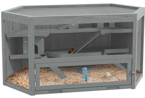 PawHut Wooden Large Hamster Cage 3 Tier Exercise Play House for Small Animals with Sliding Tray, Seesaws and Water Bottle, Grey