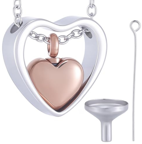 CREATCABIN Urna de Cremación con Forma de Corazón Doble de Oro Rosa Colgante para Cenizas Acero Inoxidable de 1 Pulgadas con Forma de Embudo Y Alfileres de Ojo para Cenizas Humanas Y Mascotas 40.6cm