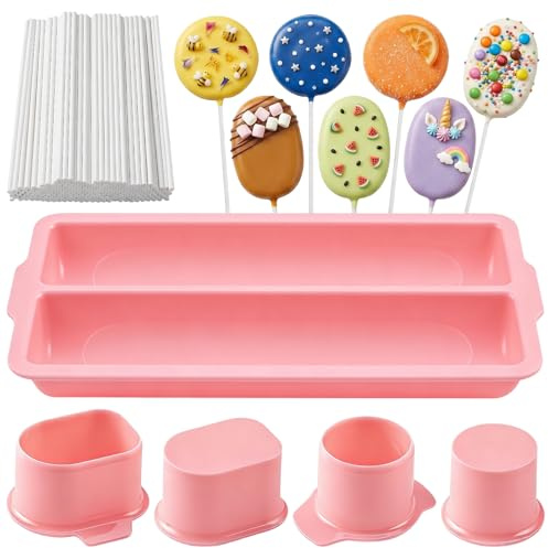 FrostyFlair Stampo per Cake Pop, Set per Cake Pop con Supporto, Rotondo con 2 Tagliapasta Circolari, Vassoio da 22,8 cm e 100 Bastoncini per Lollipop per Dessert Fatti in Casa, Rosa