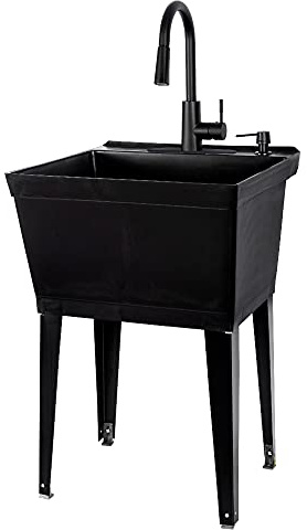 Black Utility Sink with High Arc Black Faucet by VETTA by JS Jackson Supplies, Pull Down Sprayer Spout, Heavy Duty Slop Sink for Washing Room, Basement, Shop, Free Standing Laundry Tub Deep Plastic