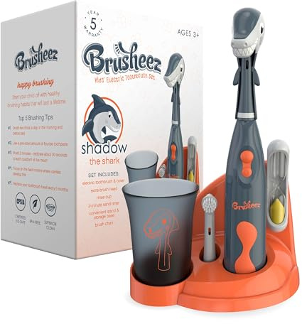 Brusheez Kids’ Electric Toothbrush Set - Safe & Effective for Ages 3+ - Parent Tested & Approved with Gentle Bristles, 2 Brush Heads, Rinse Cup, 2-Minute Timer, & Storage Base (Shadow the Shark)