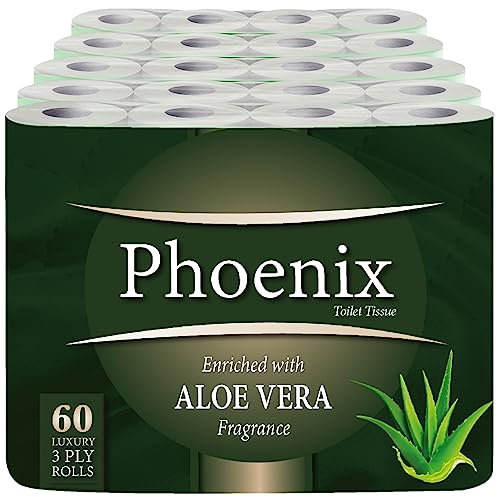 Phoenix Toilet Rolls – 60 Pack | 3 Ply Aloe Vera Scented Toilet Paper | Bulk Buy, Soft, Quilted, Sustainably Sourced, Eco- Friendly Luxury Bathroom Tissue