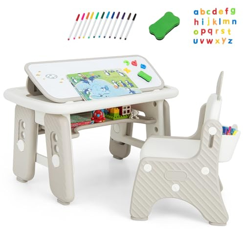 DREAMADE Table Enfant avec Chaise,Table d'activités avec 3 Hauteurs Réglable,2 Plateaux Réversibles,Tableau d'art Magnétique,12 Stylos,26 Lettres,Charge 70KG (Gris)