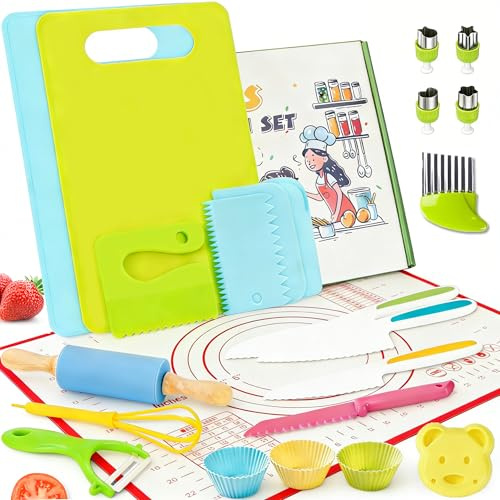 Ciphuoly 23 Pieces Kids Kitchen Knife Set with Mat, Kitchen Safe Knives for Kids with Cutting Board Fruit Vegetable Crinkle Cutters, Montessori Kitchen Tools Set for Real Cooking